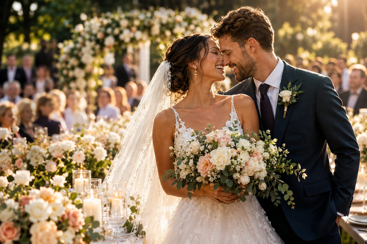 Wedding couple smiling together at an outdoor floral reception in Cyprus